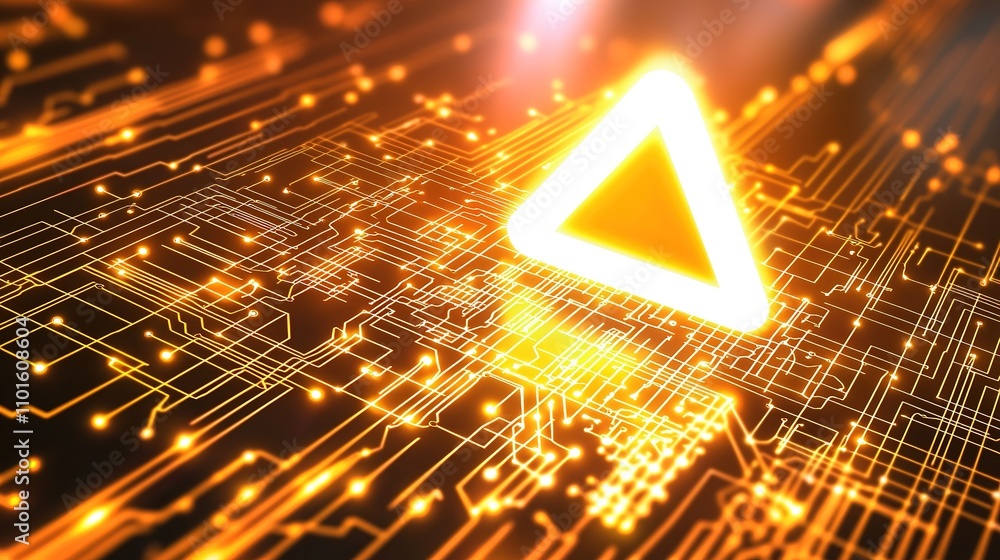 Poster a glowing triangular symbol surrounded by vibrant digital circuits and lights, representing technolo