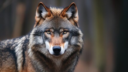 Fototapeta premium Majestic Close-Up of a Wolf with Intense Gaze Showcasing Distinctive Fur Patterns and a Powerful Presence in a Natural Background