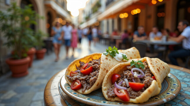 Gyros griegos con carne, tomate y cebolla en una calle tradicional