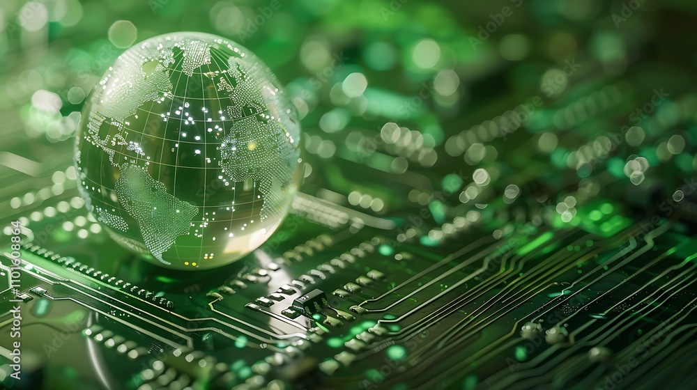 Poster a transparent globe depicting the world sits on a green circuit board, symbolizing the intersection 