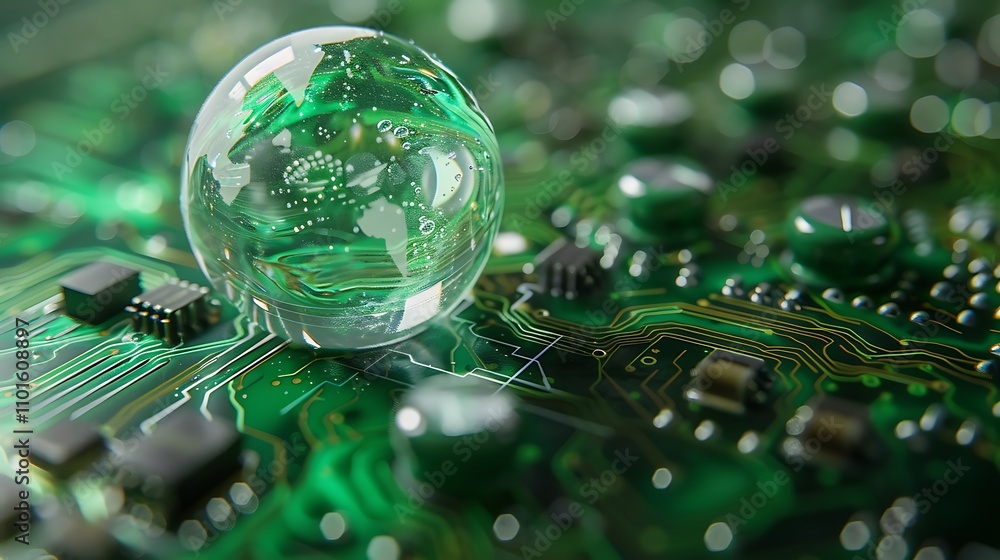 Poster a transparent globe rests on a circuit board, symbolizing the intersection of technology and the env