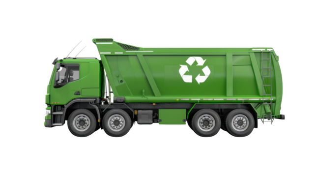 Recycling truck collecting waste urban environment transport vehicle modern cityscape side view sustainability efforts