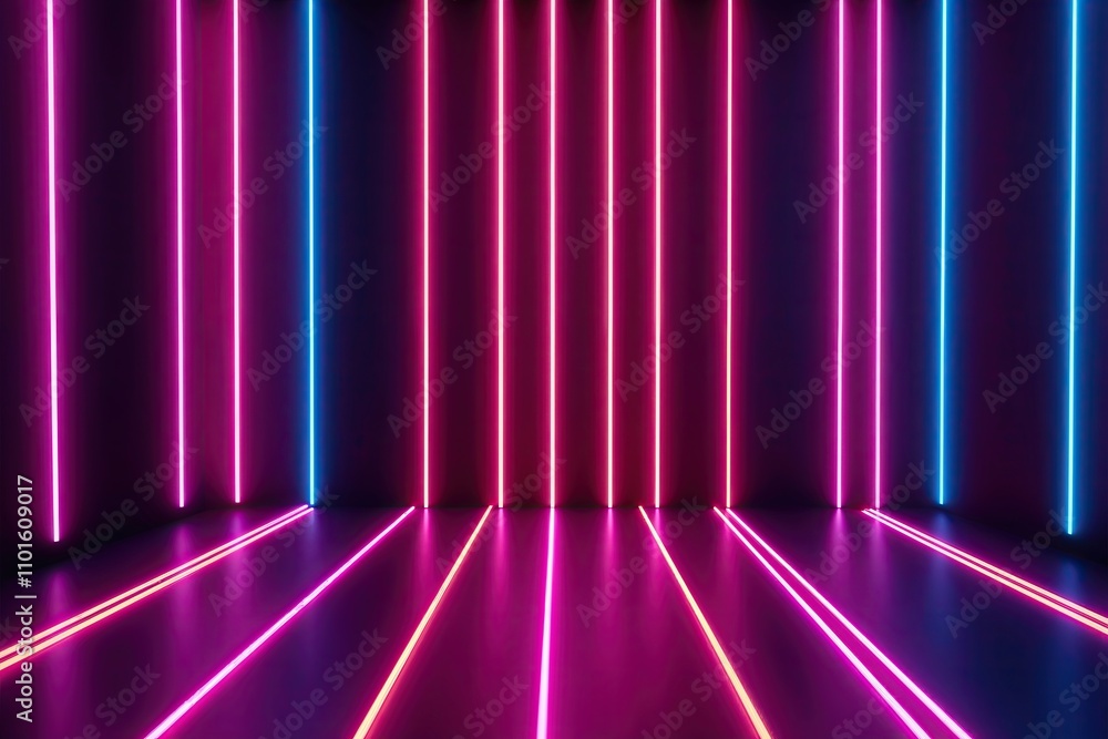 Poster dynamic 3d abstract background featuring radiant vertical neon lines in cosmic space