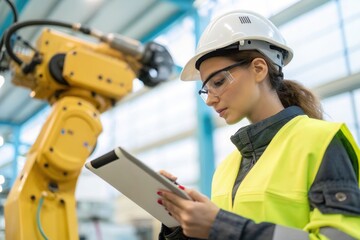 Obraz premium A woman wearing a hard hat and safety goggles checks data on a tablet while standing next to an industrial robotic arm.