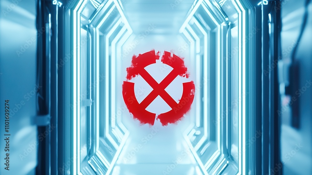 Poster a futuristic corridor illuminated with blue lighting features a striking red symbol, creating a dram