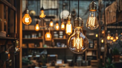 Obraz premium Close-up of vintage Edison light bulbs glowing warmly in a rustic setting