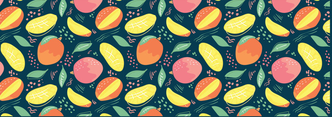 Abstract tropical mango pattern in flat style. Fresh, delicious fruit seamless pattern. Vector background. Summer freshness for health. For background, juice, ice cream or packaging.