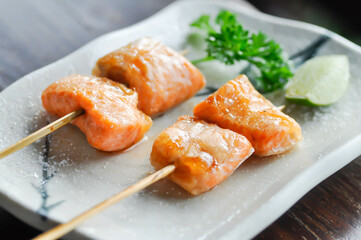 salmon satay or grilled salmon , roasted salmon