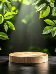 A wooden display stand surrounded by lush green leaves, illuminated by soft light, creating a serene and natural atmosphere.