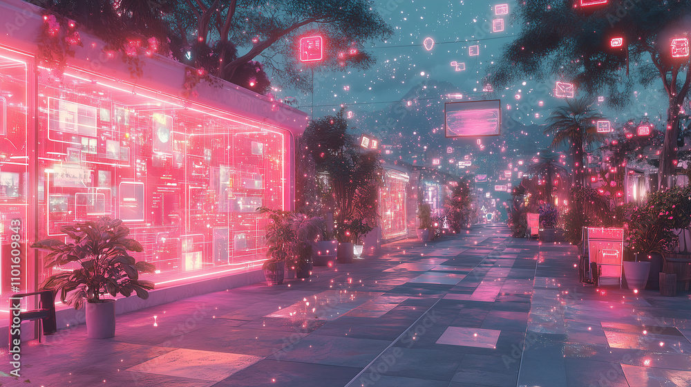 Poster vivid city street illuminated by glowing storefronts surrounded by floating digital elements at twil