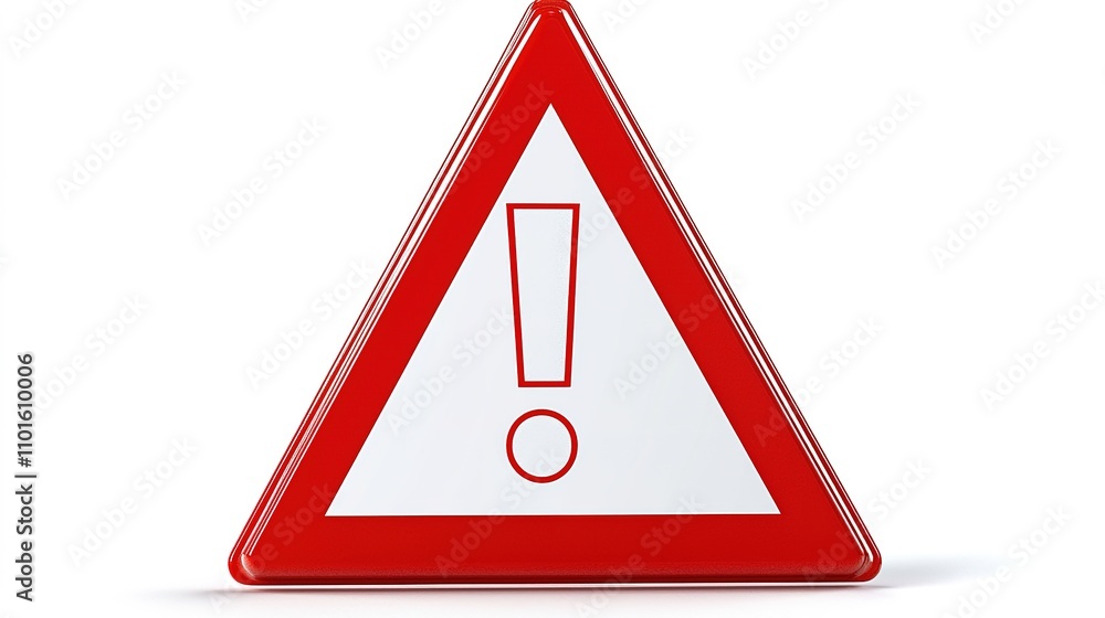 Poster a red triangular warning sign featuring an exclamation mark, commonly used to indicate caution or al