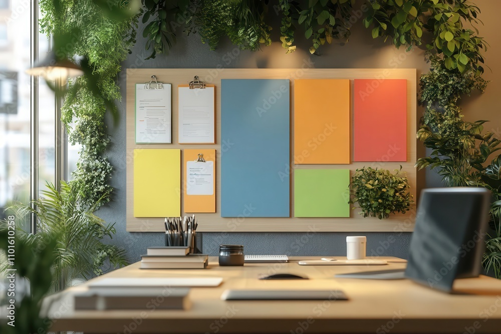 Poster employee wellness board flat design side view productivity and satisfaction theme 3d render compleme
