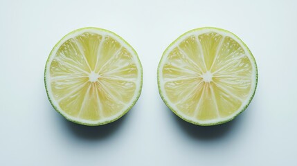 Fresh lime slices showcasing vibrant green rinds and juicy yellow interiors arranged symmetrically on a clean white background.
