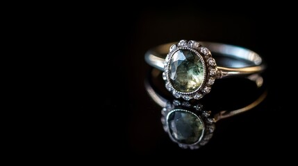 A stunning ring featuring a central stone surrounded by smaller gems, reflecting beautifully.