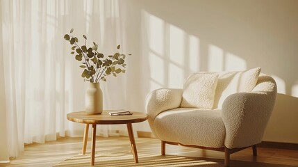 Creamy textured armchair bathed in sunlight, complemented by a wooden coffee table and a vase of eucalyptus branches. A serene and minimalist interior scene.
