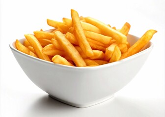 A bowl of golden French fries isolated on a clean white background