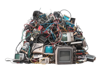 E-waste pileup urban environment technology image discarded electronics chaotic scene recycling awareness