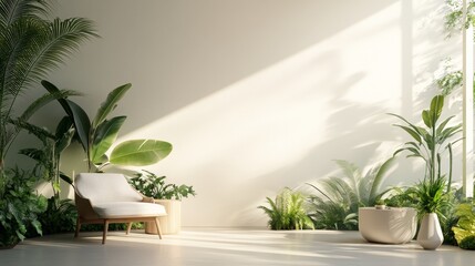 A serene indoor space featuring a chair and lush greenery, promoting relaxation and tranquility.