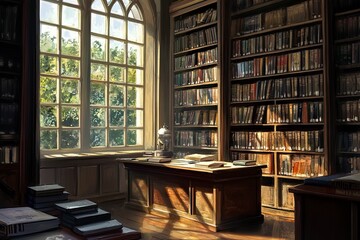 side view, books in library, desk with books, high resolution photography 