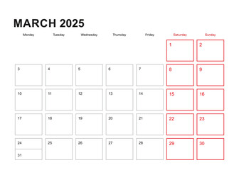 Wall planner for March 2025 in English language, week starts in Monday.