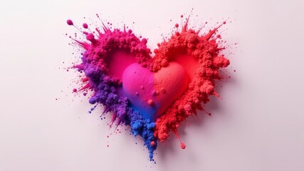 An abstract image of a heart formed by an explosion of multi-colored powder.
