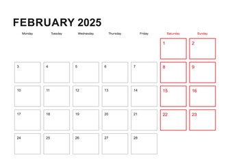 Wall planner for February 2025 in English language, week starts in Monday.