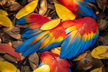 Fototapeta premium Vibrant macaw feathers among fallen leaves.