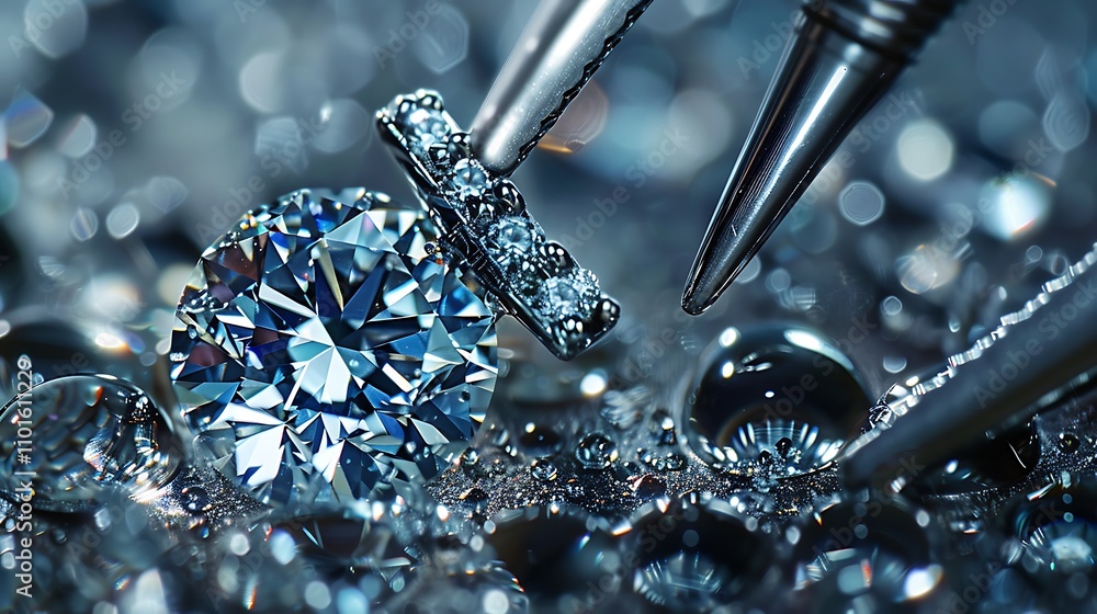 Poster a close-up view of a diamond ring being examined with precision tools, surrounded by sparkling dropl