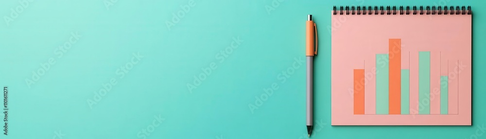 Poster A sleek notebook with colorful bar graphs and a pen, set against a mint green background, ideal for data analysis and note-taking.