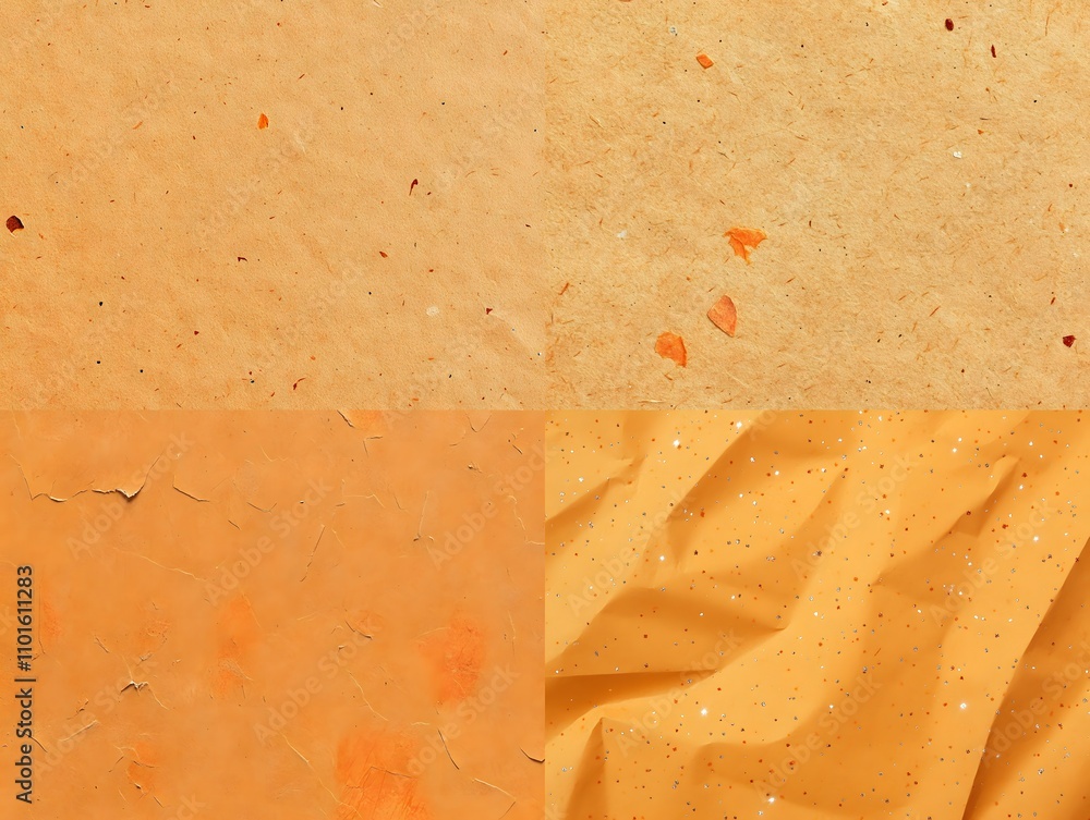 Poster a collage of textured orange backgrounds with various patterns and materials.