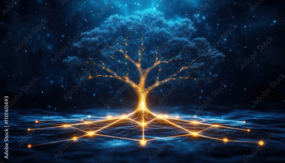 Poster a luminous tree with glowing branches connecting to radiant patterns of progress illuminating the pa