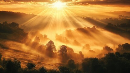 A tranquil sunrise over a misty valley, with golden rays of light breaking through the fog and illuminating the landscape