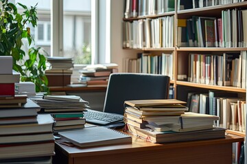 side view, books in library, desk with books, high resolution photography 