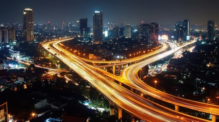 Fototapeta premium An aerial view of a bustling highway at night with illuminated light trails weaving through the city. The dynamic movement captures the energy of urban transportation and modern infrastructure.