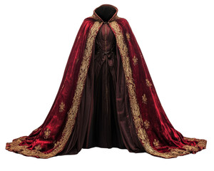 Naklejka premium Elegant red velvet cape with intricate gold embroidery, perfect for regal look. This stunning garment exudes luxury and sophistication, ideal for costume or fashion design