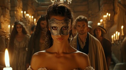 Fototapeta premium Elegant new year s eve masquerade ball featuring formal attire and stunning chandeliers