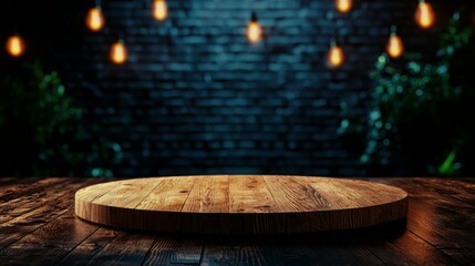 A rustic wooden platform is illuminated by warm hanging lights against a dark brick wall, creating a cozy and inviting atmosphere.