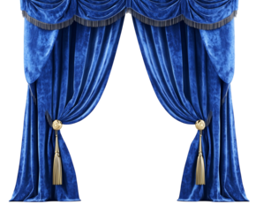 Luxurious blue velvet stage curtains with golden tassels, enhancing the elegance of any performance setting. Isolated on transparent white background, png