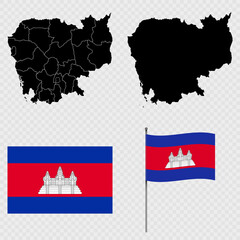 Set of maps, flag and flagpole of Cambodia. Vector illustration.