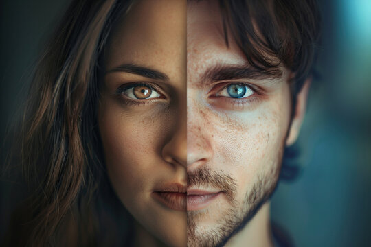Face that is half man's and half woman's. Duality and gender fluidity. Gender diversity, equality, and the beauty of individuality. Transitioning concept
