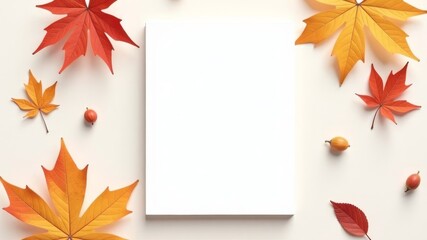 Obraz premium Autumn still life blank notebook, colorful leaves, and seasonal decor on a white background