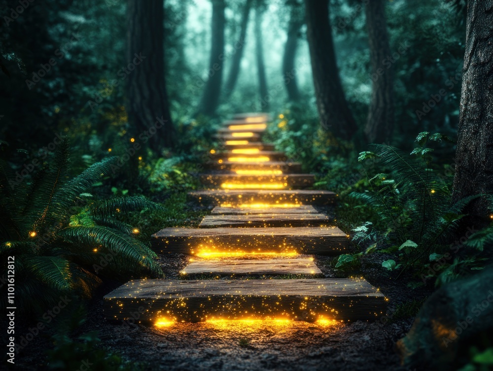 Aufkleber embark on an enchanting journey a glowing forest with luminous pathways leading to unknown adventure