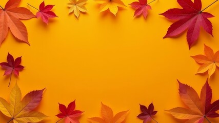 Obraz premium Colorful autumn leaves and seasonal decorations arranged on a bright orange background