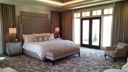 Luxurious Contemporary Bedroom Interior with Elegant Furniture, Soft Lighting, and Plush Textiles Creating a Relaxing and Inviting Atmosphere for Rest and Relaxation