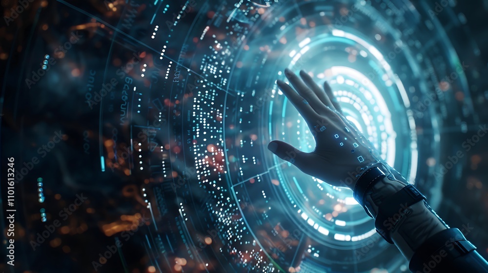 Poster a futuristic hand interacts with a holographic interface, showcasing advanced technology and digital