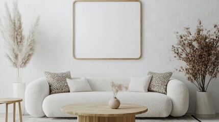 Cream-colored fluffy sofa with patterned throw pillows sits in a minimalist living room, accented by pampas grass and dried flowers.  The serene setting evokes a calm and cozy atmosphere.