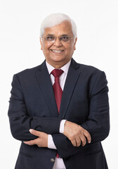 Portrait of confident professional businessman dressed in elegant suit with hands clasped standing against white background