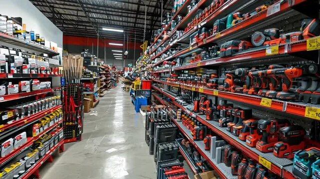 Hardware store aisle featuring a wide variety of cordless power tools for construction and renovation