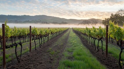 Naklejka premium A view of a peaceful vineyard in the early morning light, with rows of grapevines stretching into the distance and mist rising from the ground