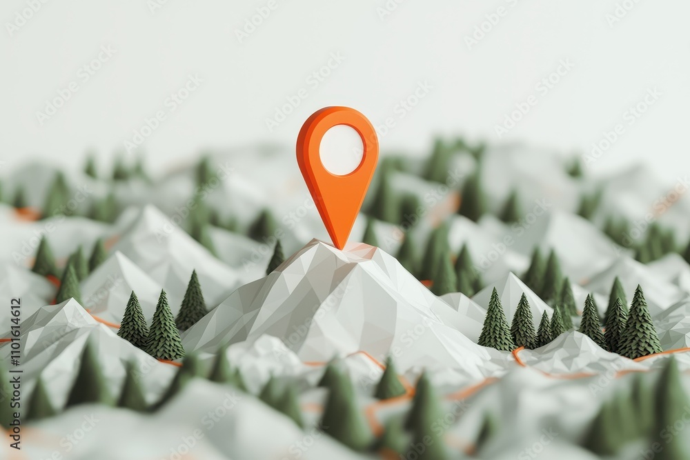 Poster 3d low poly mountain range with location pin navigation map route travel nature